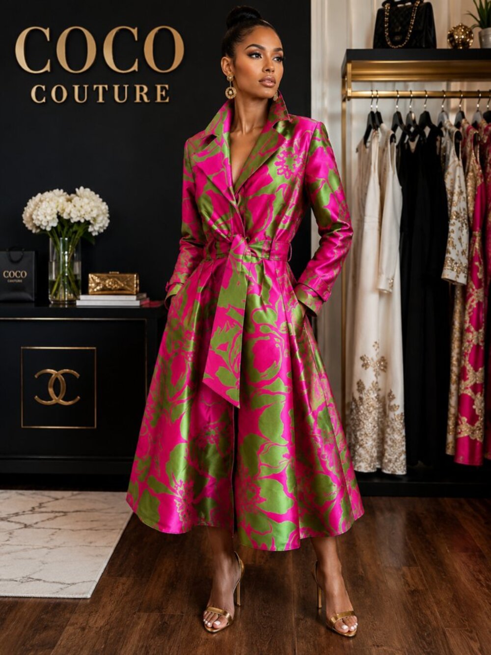 F22041 Pink & Green Double Collar Coat Dress
